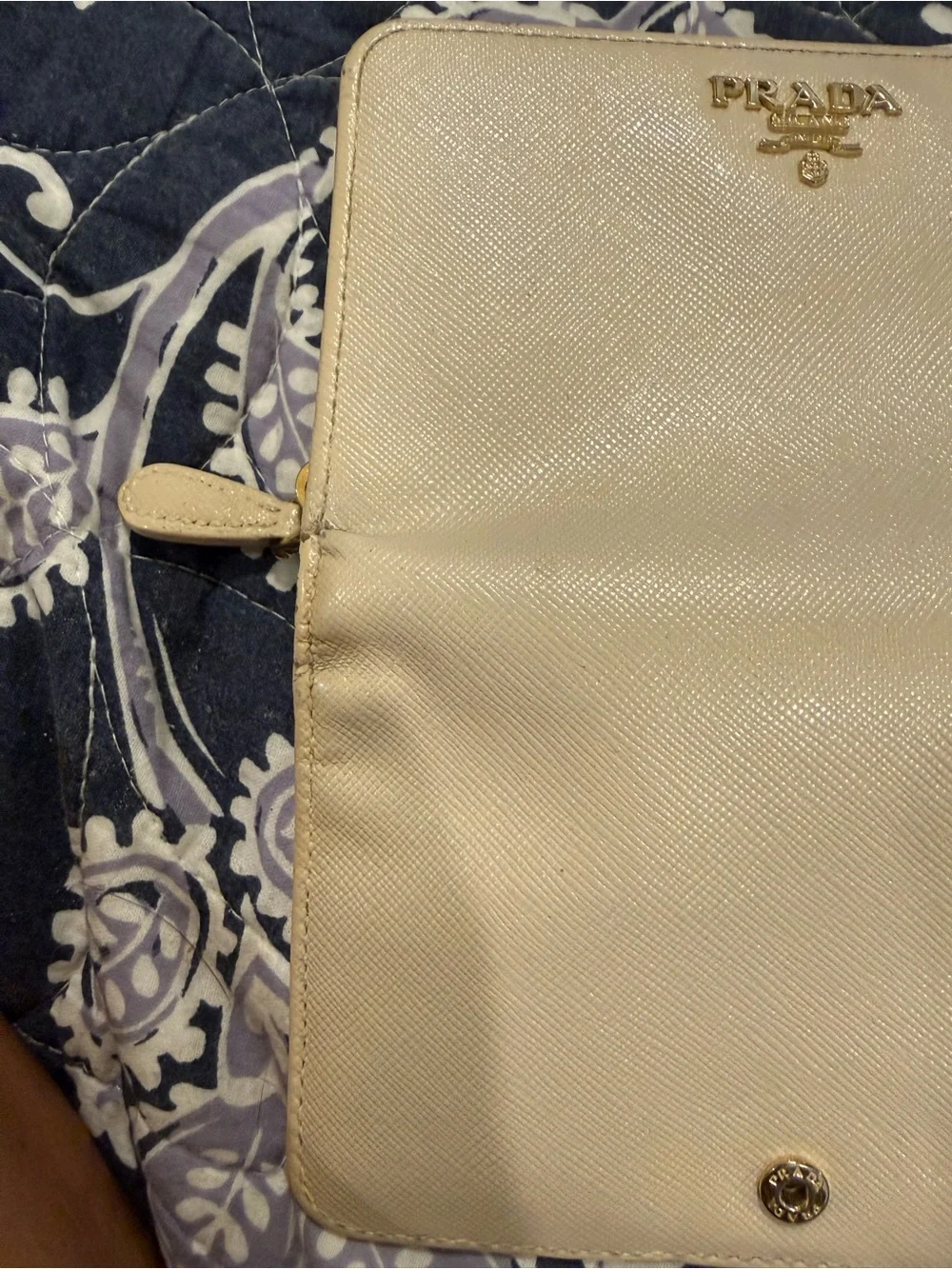 Authentic Prada Cream Saffiano Zip Around Wallet with Gold Logo